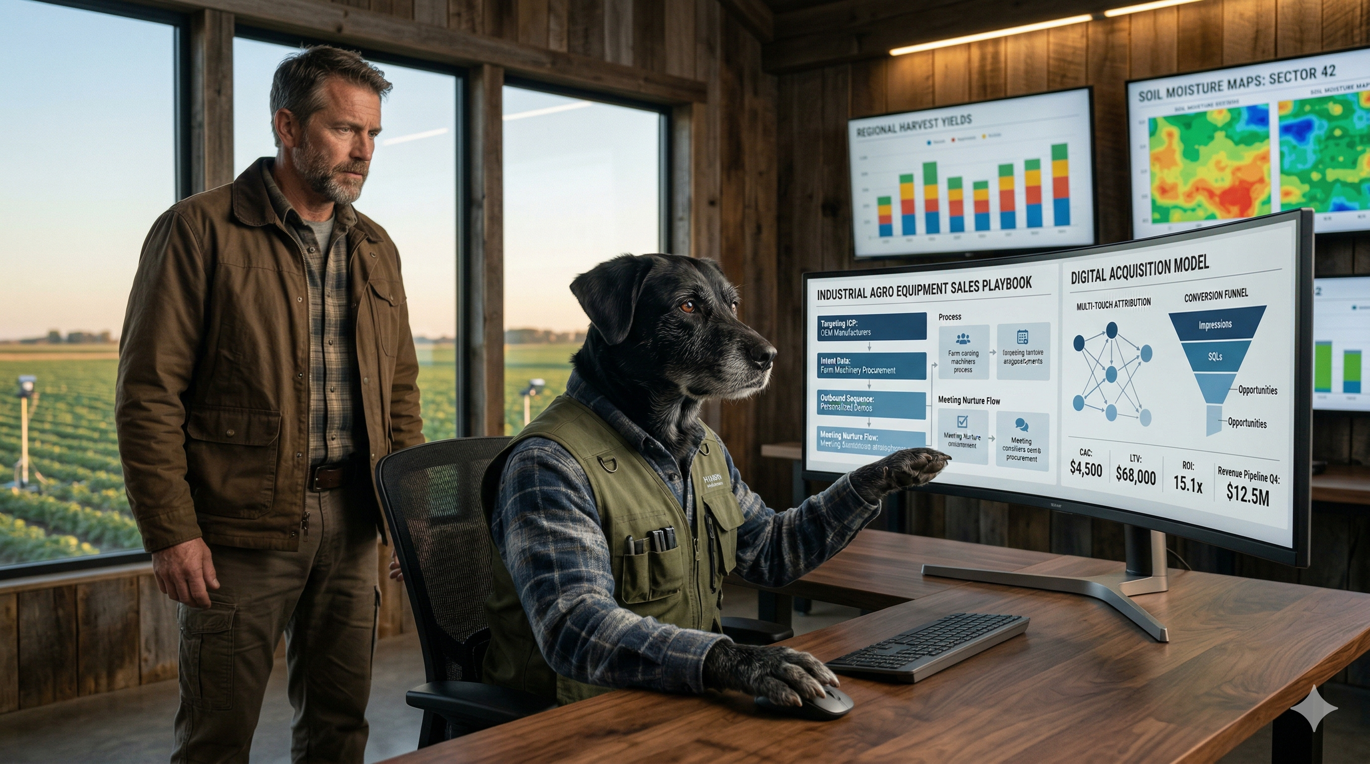 Agro specialist service dog wearing professional outdoor gear